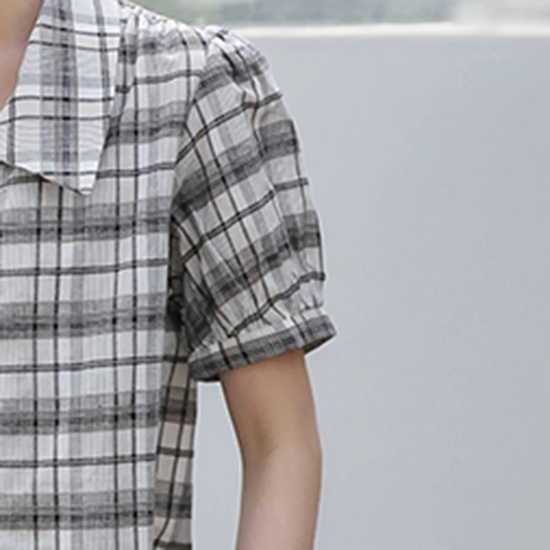 

LJSXLS Plaid Short Sleeve Women's Blouse Summer Fashion Puff Sleeve Shirt Ladies Casual Turn-down Collar Woman Blouses 2021