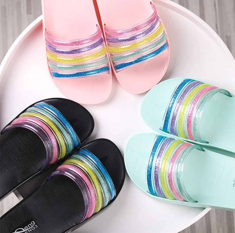 Женские летние шлепанцы пляжные Вьетнамки с радужной прозрачной толстой