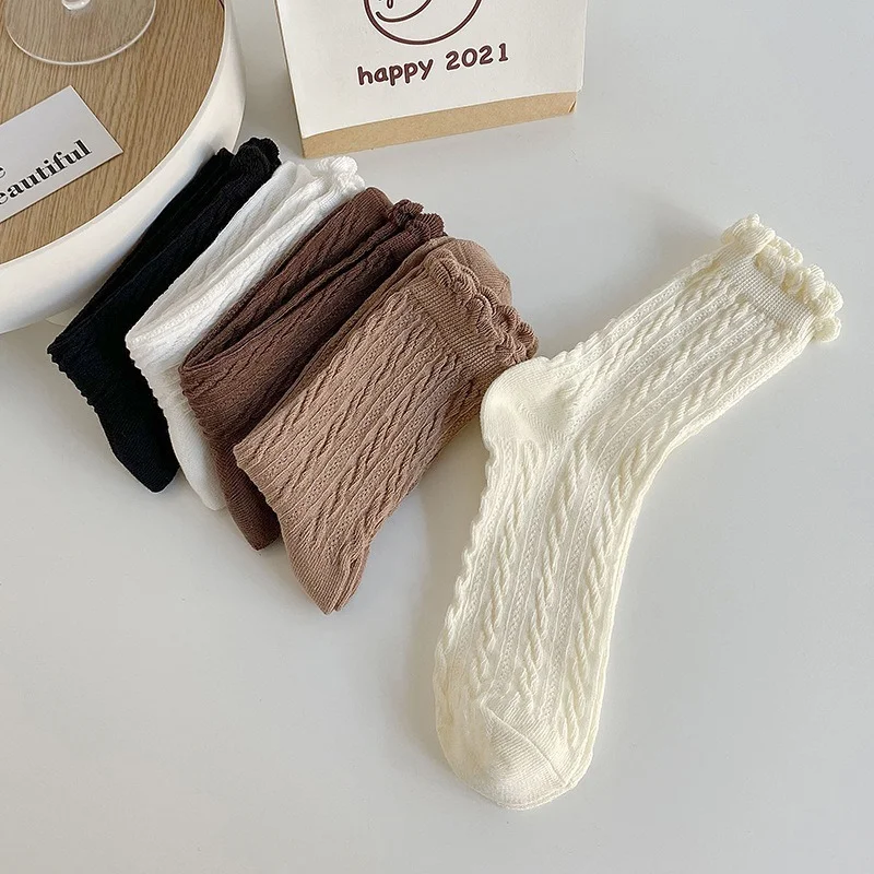 

2pair/set Autumn winter new solid color lace socks Ribbed women socks Japanese style cotton socks Black white Lolita socks