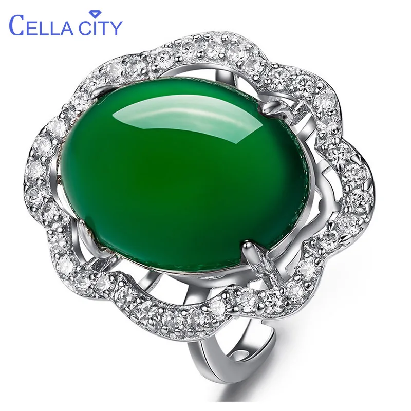 Женское классическое кольцо из серебра 925 пробы с зеленым халцедоном|Кольца| |