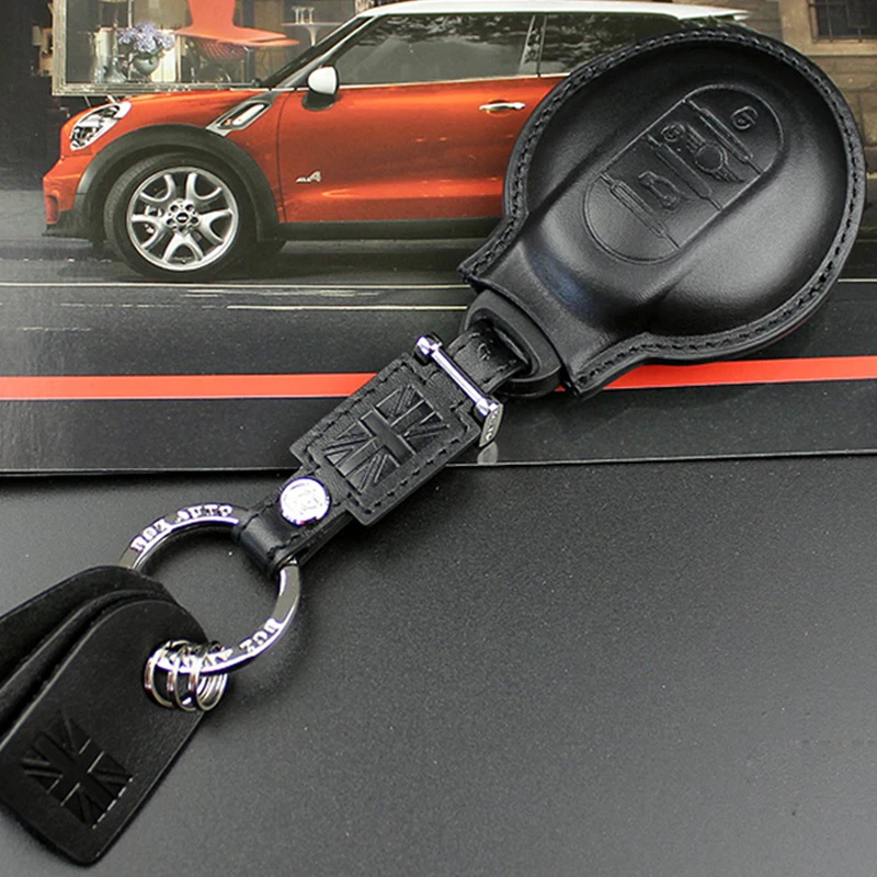 

Real Leather Fob Key Case Bag Keychain Ring Cover Holder Protector For Mini Cooper F54 F55 F56 F60 Countryman Car Accessories