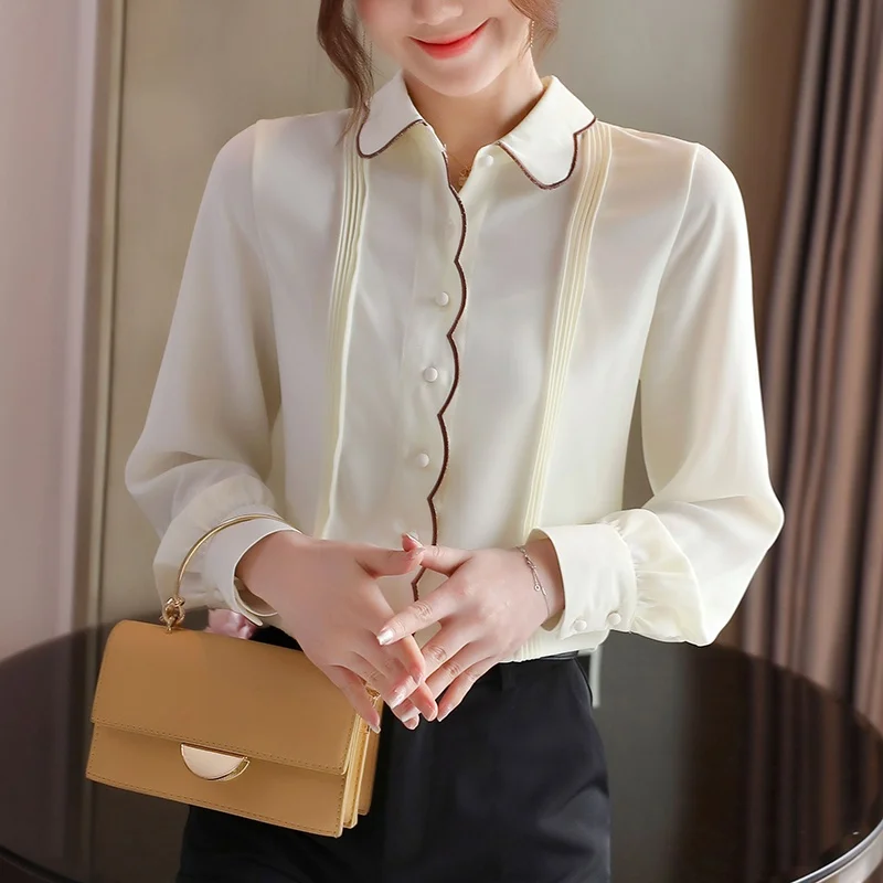 Women Tops Chiffon Shirt Long Sleeve Casual Solid Color Top Womens Tops and Blouses Blusas
