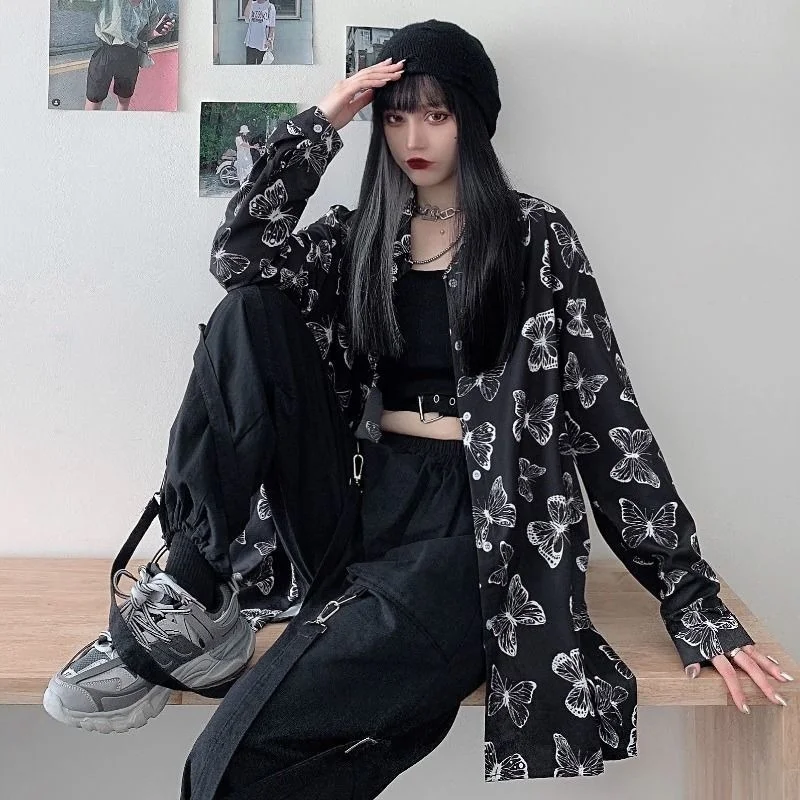 

Harajuku Print Shirts for Women Korean Style Vintage Button Up Shirt Long Sleeve Loose Streetwear Blouse Women