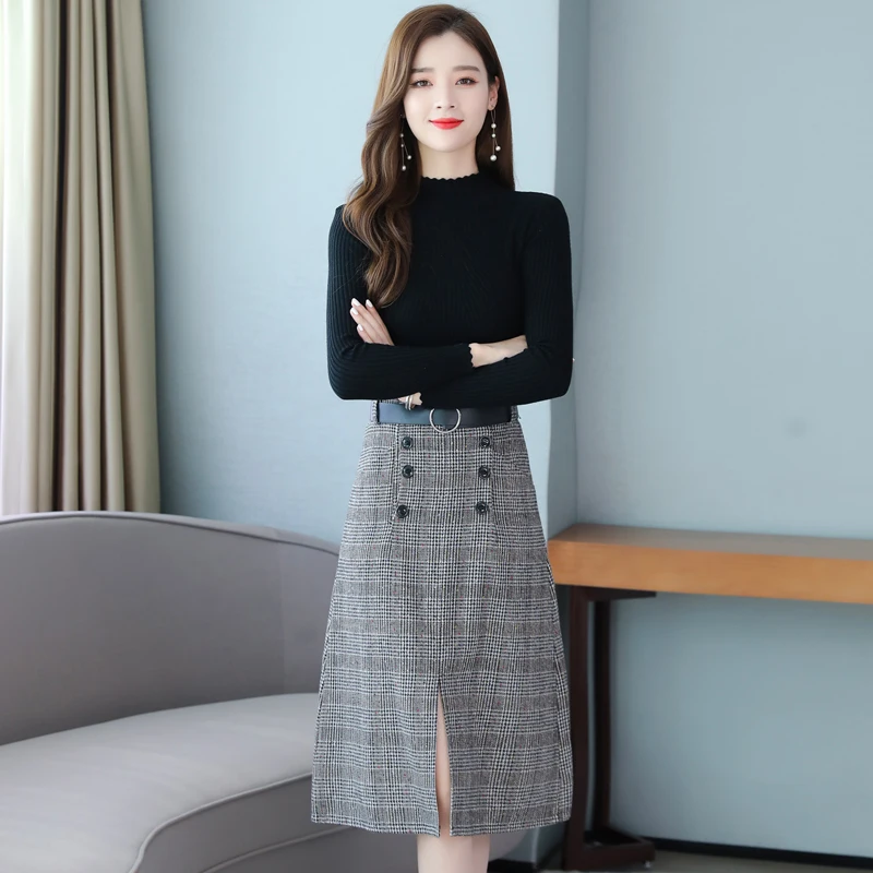 Клетчатое шерстяное вязаное платье на пуговицах для женщин сезон осень-зима