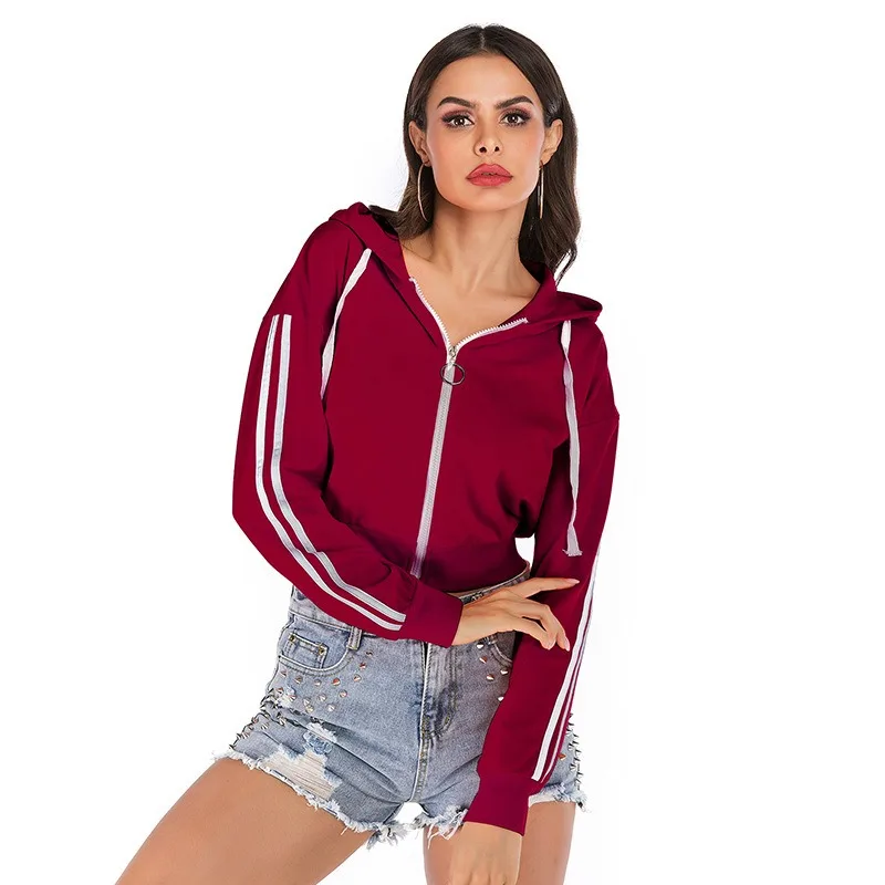 

Autum Winter Women Short Hoodies Zip-Up Solid Color Long Batwing Sleeve Hooded Casual 2020 Fashion