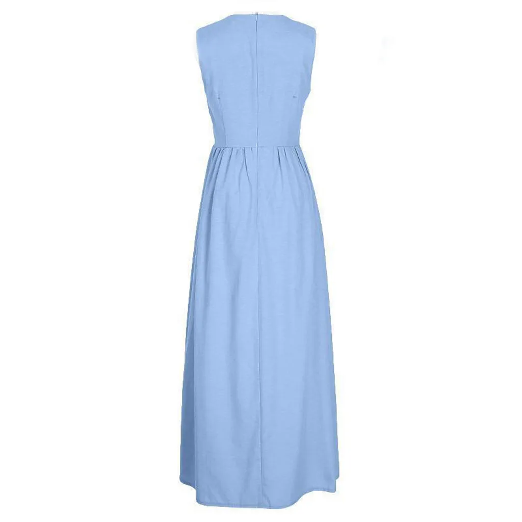 Женское платье макси с высокой талией однотонное длинное круглым вырезом Vestidos