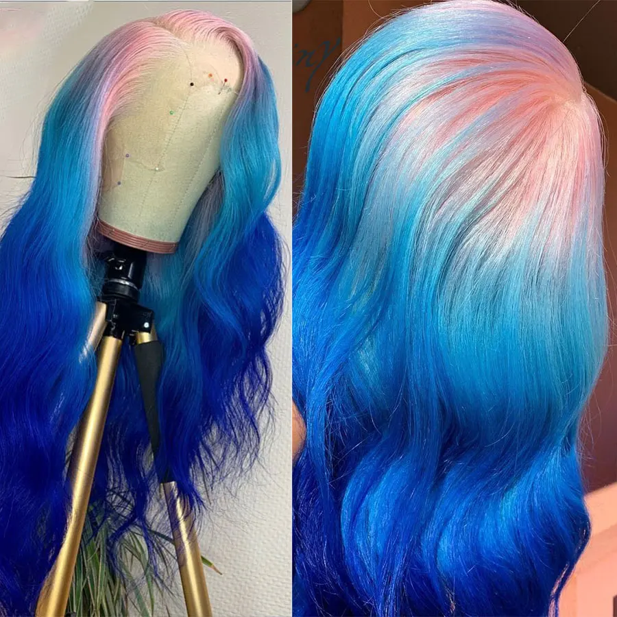 

Ombre Pink Hd Transparent Lace Frontal Body Wave Human Hair Wigs Highlight Blue Wavy 13X6 Lace Front Wig For Women Pre Plucked