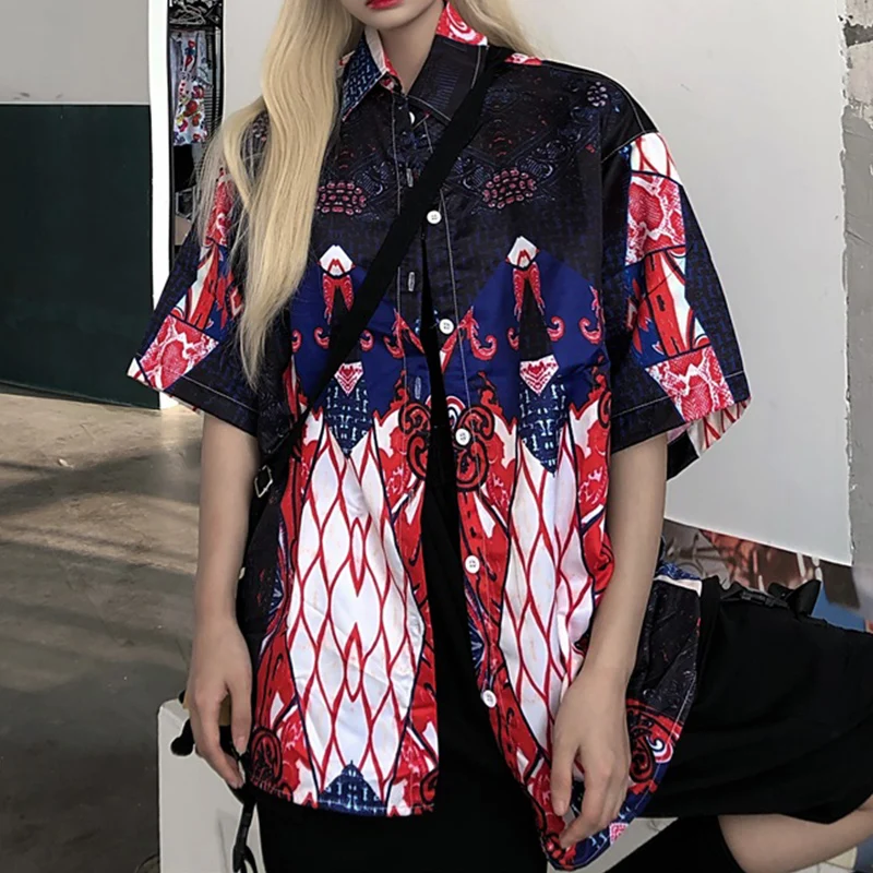 

Men's Irregular Print Summer Shirts Loose Vintage Short Sleeve Shirt Japanese Streetwear Cople Clothing Tops 2021 Camisas Homme