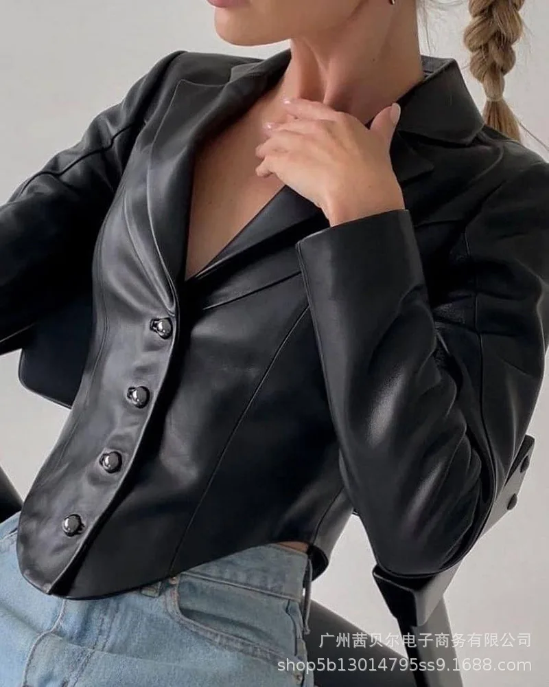 

Women Casual Black Short Asymmetric Lapel Pu Suit Cotas 2021 Autumn New Turn-down Collar Jacket