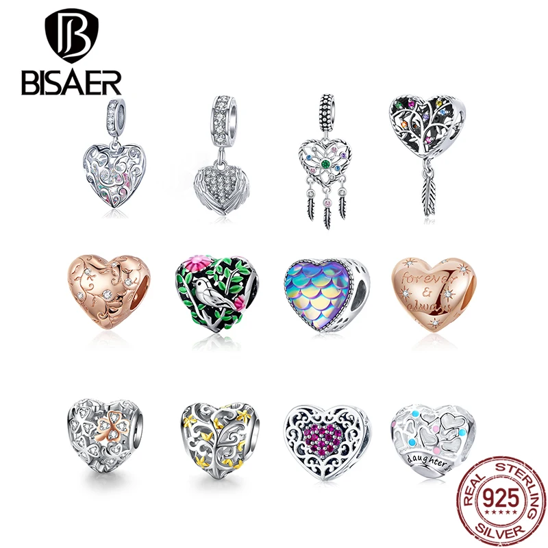 

BISAER Charms 925 Sterling Silver Heart Shape Love Dazzling CZ Beads Pendant Fit DIY Bracelets For Women Jewelry Gift
