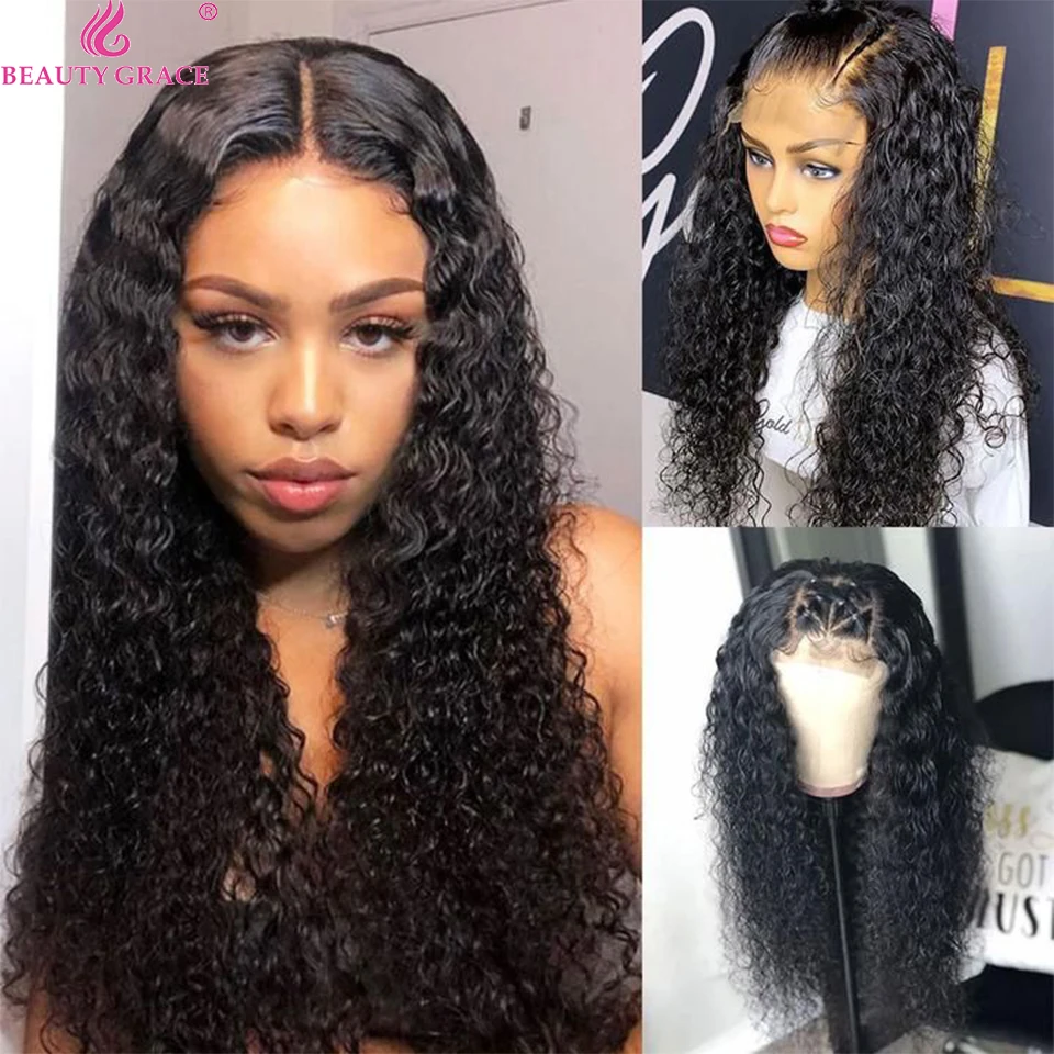 

Beauty Grace Water Wave Human Hair Lace Front Wig 4X4 Lace Closure Wig Peruvian Remy Hair Wig Pre-Plucked Density 150%