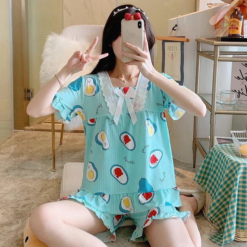 

New Home Style Short Sleeve Pajamas Polyester Set Cute Leisure Women Sleepwear 2Pcs Nightwear for Women Sleepwear Short Pant