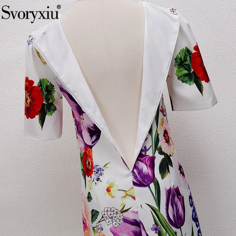 

Svoryxiu Runway Designer New Summer Short Sleeve Dress Women's Gorgeous Purple Tulip Flower Print Vintage Party Dresses Vestdios