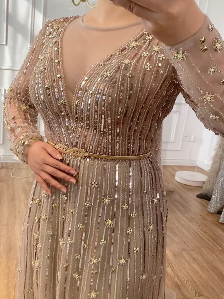 

YILIBER Luxury dubai silver muslim evening dress long sleeve overskirt beading arabic formal party gowns for wedding women prom