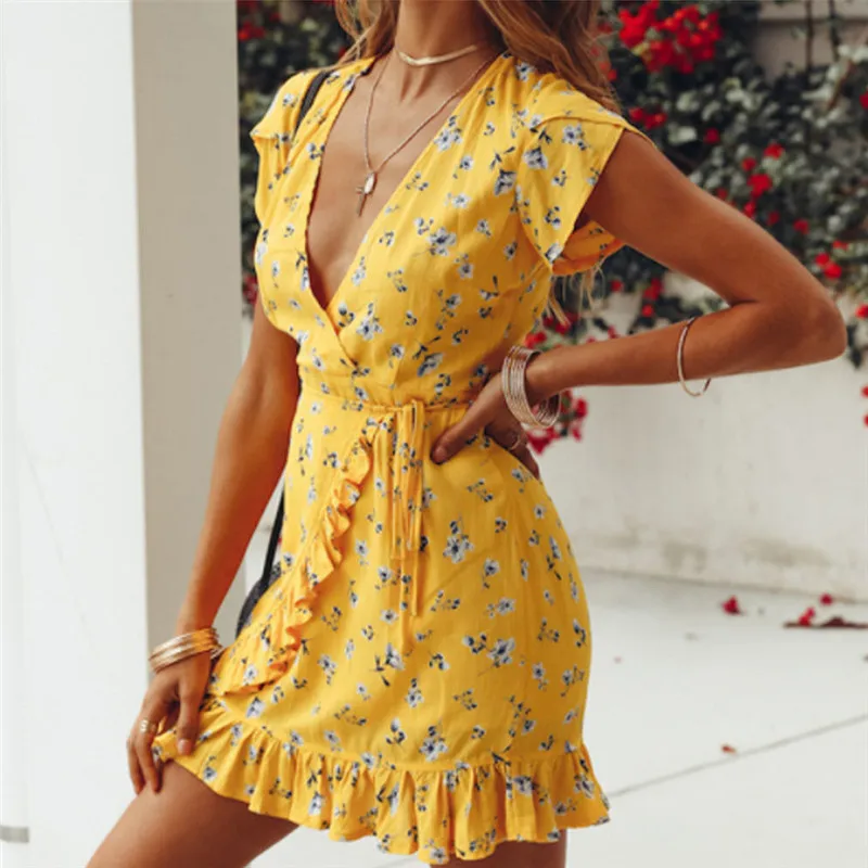 Women Printing Wrap Dresses Short Sleeve Ladies Deep V-neck Ruffles Mini Dress Yellow Floral Elegant Woman Retro | Женская одежда