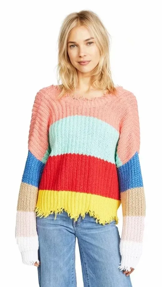 

Rainbow Deep V Neck Tassels Loose Crop Sweater