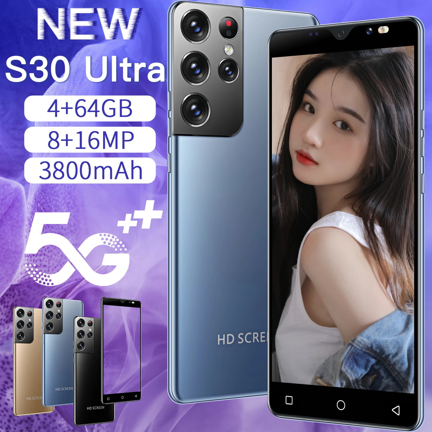 

New S30 Ultra 5.0Inch Cellphone 8+16MP Full Screen 3800mAh 4G+64GB Full Screen Smartphone Dual SIM Fingerprint ID 5G Mobilephone