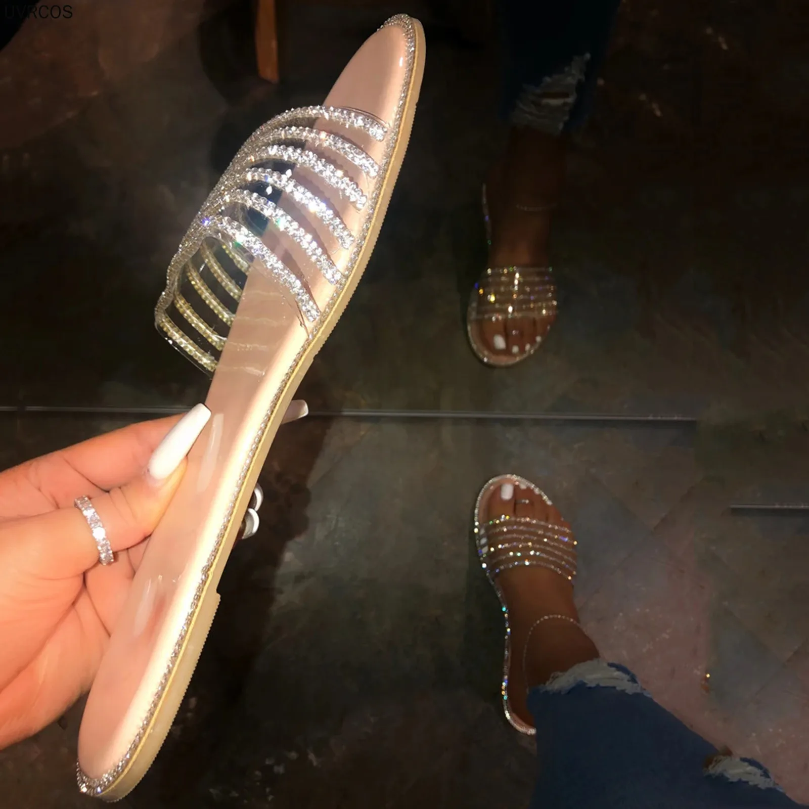 

Women Crystal Slip On Flats Casual Roman Slippers Woman Beach Sandals Clear Slides Flats Home Slippers Ladies Jelly Shoes