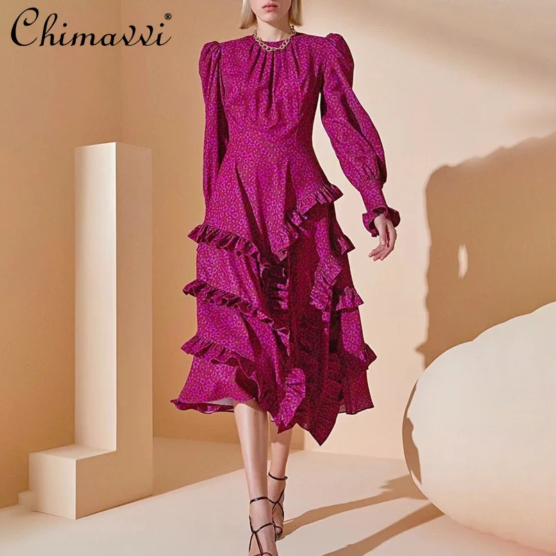 

Fashion Printed Dress 2021 Fall Women's Clothing O-Neck Lantern Sleeve Floral Flounce Stitching Dress Slim Temperament Dress