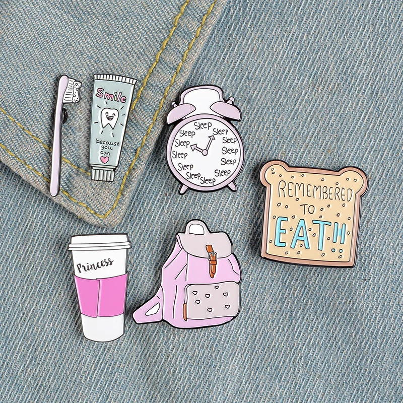 Student’s morning Enamel pins Alarm clock Toothbrush Toothpaste Toast bread Travel cup Bag Pins Button Brooch Metal Badge Gift | Украшения