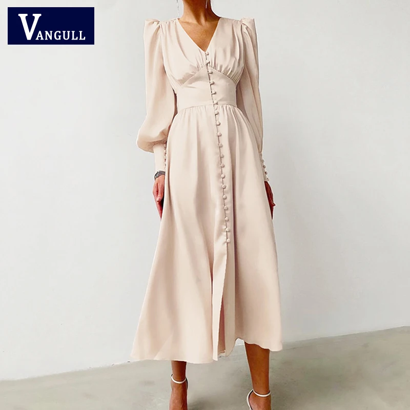 

Vangull бежевое однобортное винтажное платье, женское вечернее атласное платье средней длины, элегантное платье с V-образным вырезом и рукавам...