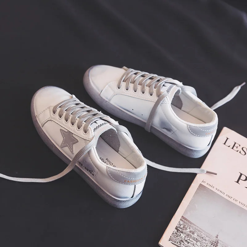 

2021 Spring Net Red Women's Shoes All-Match Reflective White Shoes Fashion Casual Shoes Explosive Flat-Bottom Lace-Up Sneakers