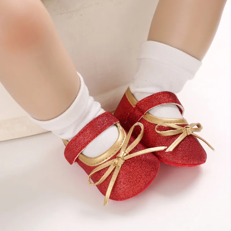 Mocasines de princesa para beb&eacute; y ni&ntilde;a, zapatos para reci&eacute;n nacido, con lazo bonito, zapatos de lentejuelas, suela suave de cuero Pu, primeros pasos-5
