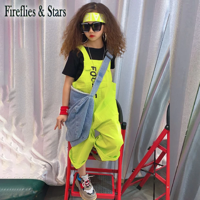 Летний комплект из 2 предметов для девочек детская футболка + штаны на подтяжках