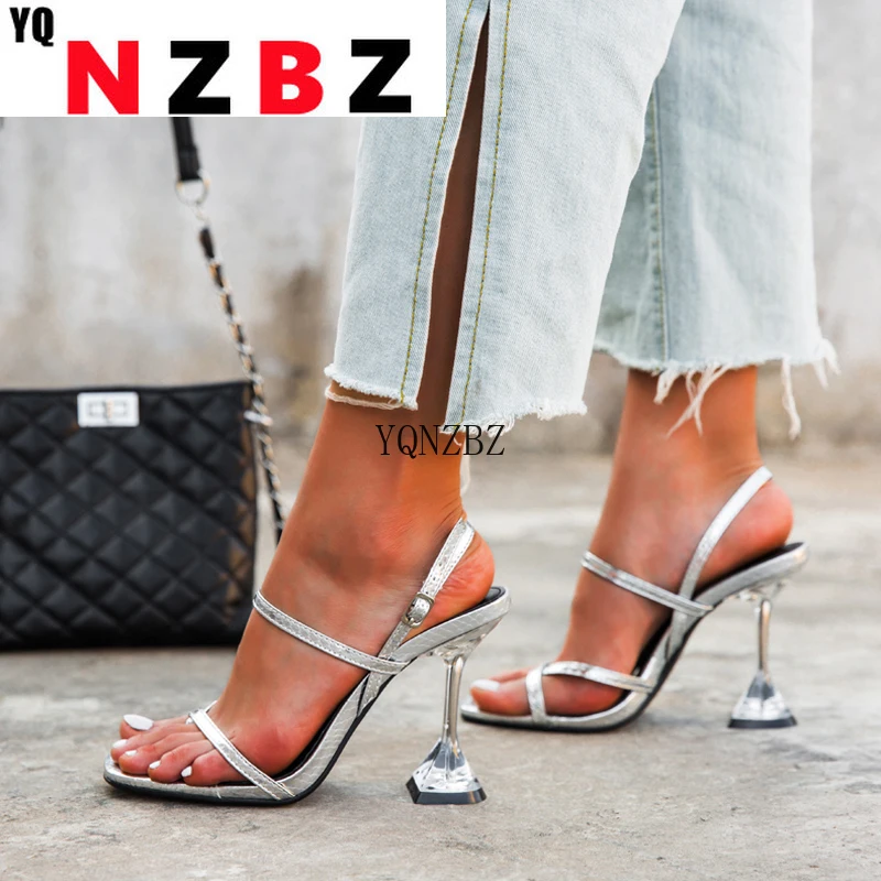 

YQNZBZ New Silver Back Strap Sandals Transparent Perspex Heel Spike High Heels Crystal Slingbacks Women Wedding Pumps Sandals