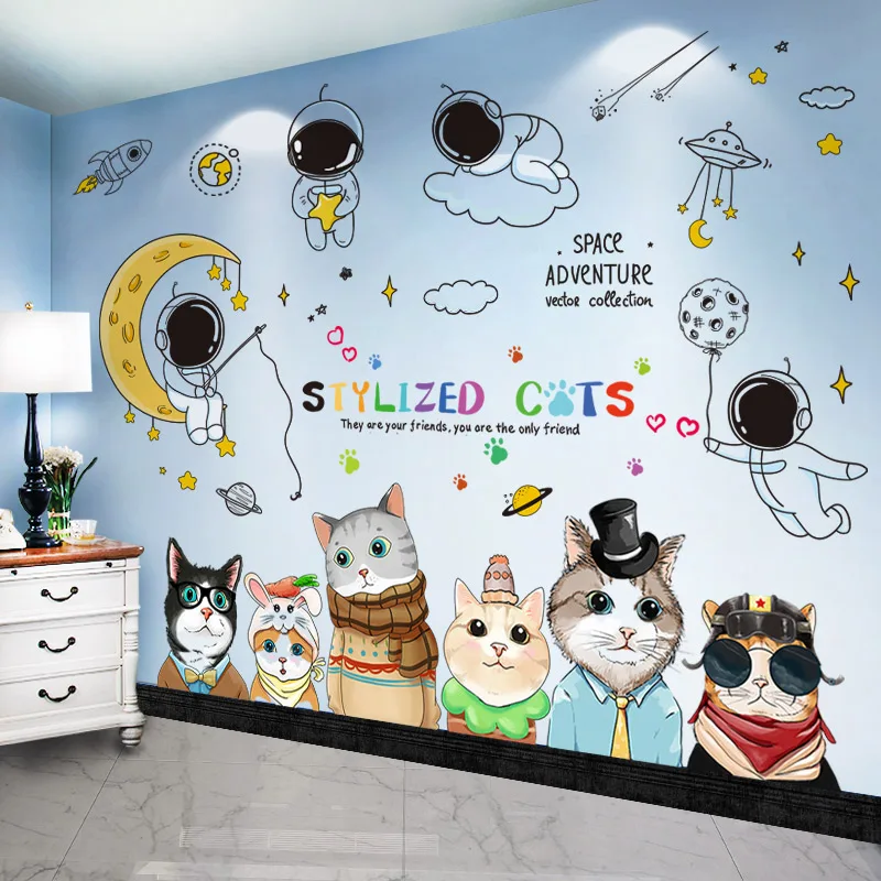 

[SHIJUEHEZI] Outer Space Astronauts Wall Stickers DIY Cats Animals Mural Decals for House Kids Rooms Baby Bedroom Decoration