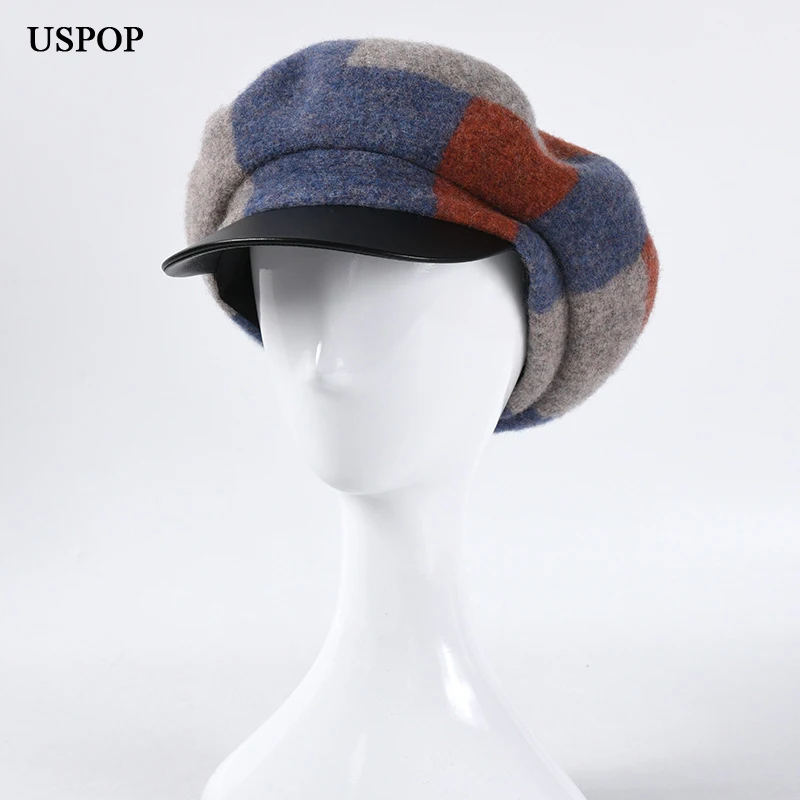 USPOP 2020 New Women Hats Winter Wool Color Blocking Octagonal Hat Cap Patchwok Berets |