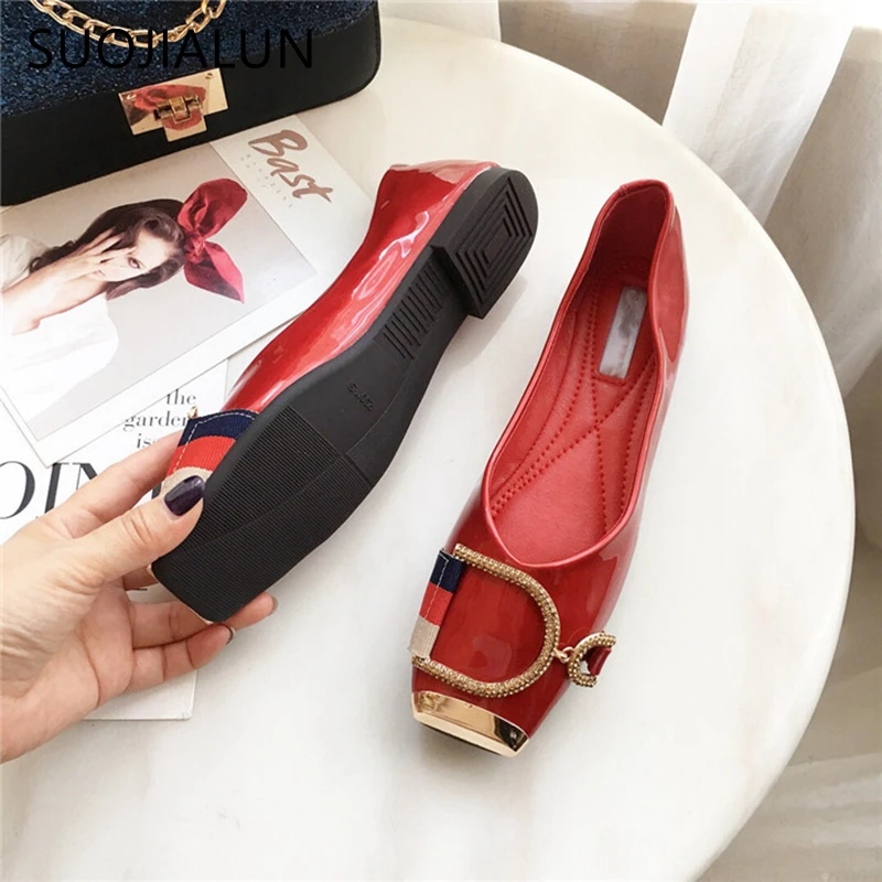 SUOJIALUN Rhinestone Buckle Flat Shoes Women Square Toe Ballerina Slip On Ladies Shoes Fashion Design Luxury Loafers Flat Shoes