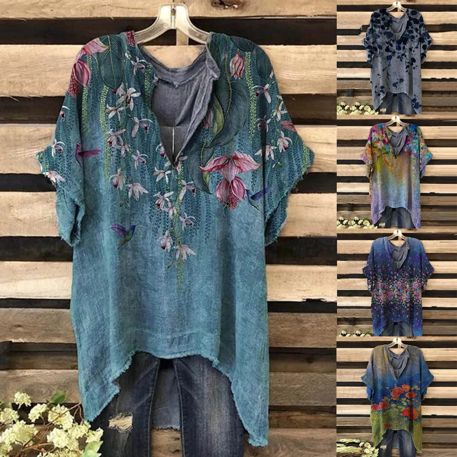 

Пуловер женский с цветочным принтом, модная винтажная Повседневная Блузка с коротким рукавом, свободная майка, рубашка, на лето