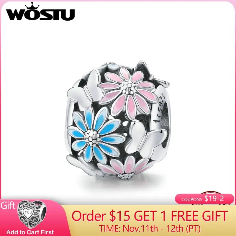 

WOSTU 925 Sterling Silver Flower & Butterfly Bright Daisy Charms Pendant Fit Bracelet Women Fashion Jewelry Making Gift ECC1837