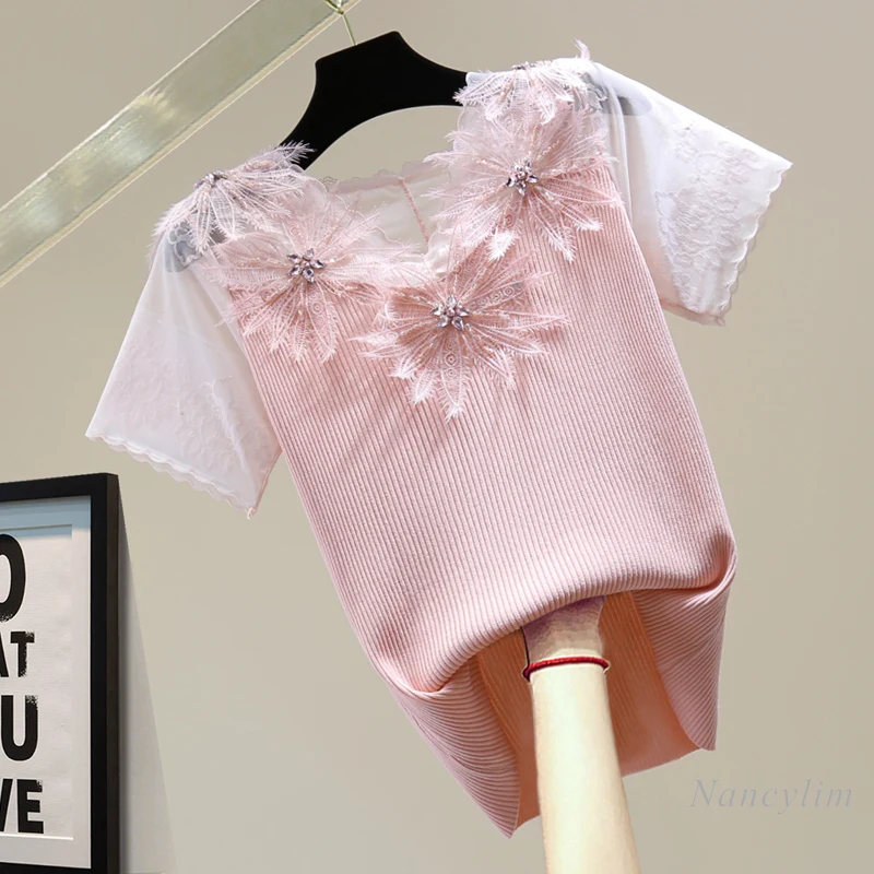 

Embroidery Mesh Lace Ice Silk Stretch Knitted T-shirt Women 2021 Summer Korean Style Slim Diamond-Embedded Short Sleeve Tops Tee