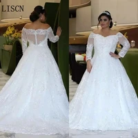 plus size party off the shoulder long sleeve wedding dress with sweep train crystal beaded lace a line bridal gown robe de marie