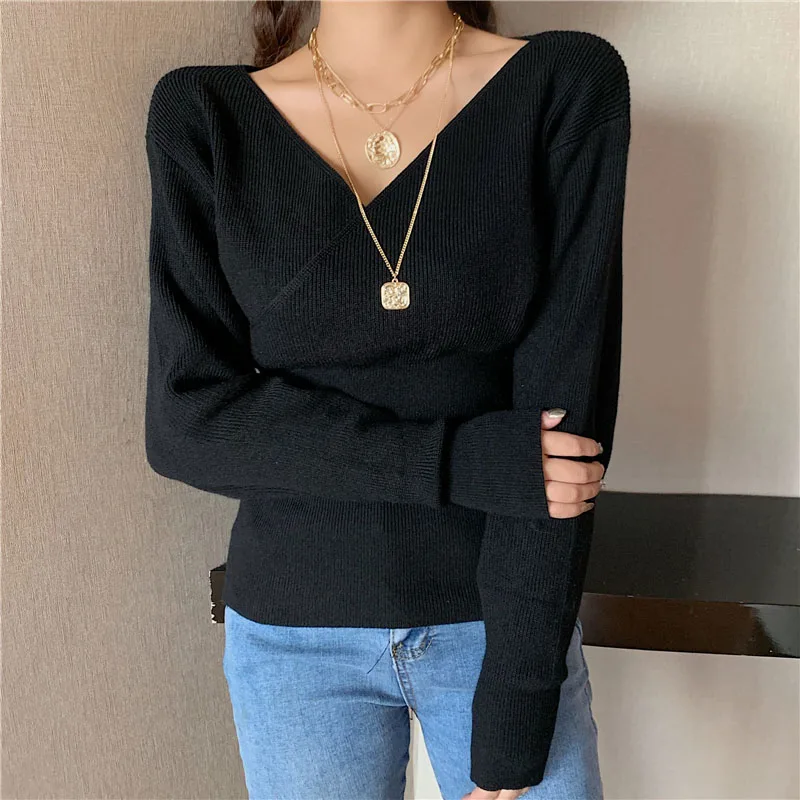 

2020 Fashion Sexy Cross V-Neck Women's Sweaters Autumn Winter Bottoming Slim Female Jumper Casual Solid Beige Grey Tops