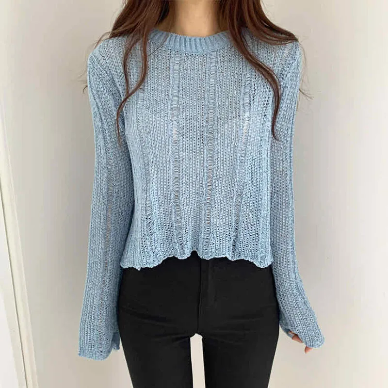 

Korean Style Hallow Out Thin Women's Swater Pullovers Casual Fashion Blue Khaki Loose Knit Jumper Tops Autumn Winter New Arrival