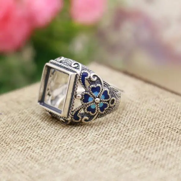 

925 Sterling Silver Cloisonne Enamel 12mm Princess Cabochon Semi Mount Engagement Ring China Ethnic International Fashion
