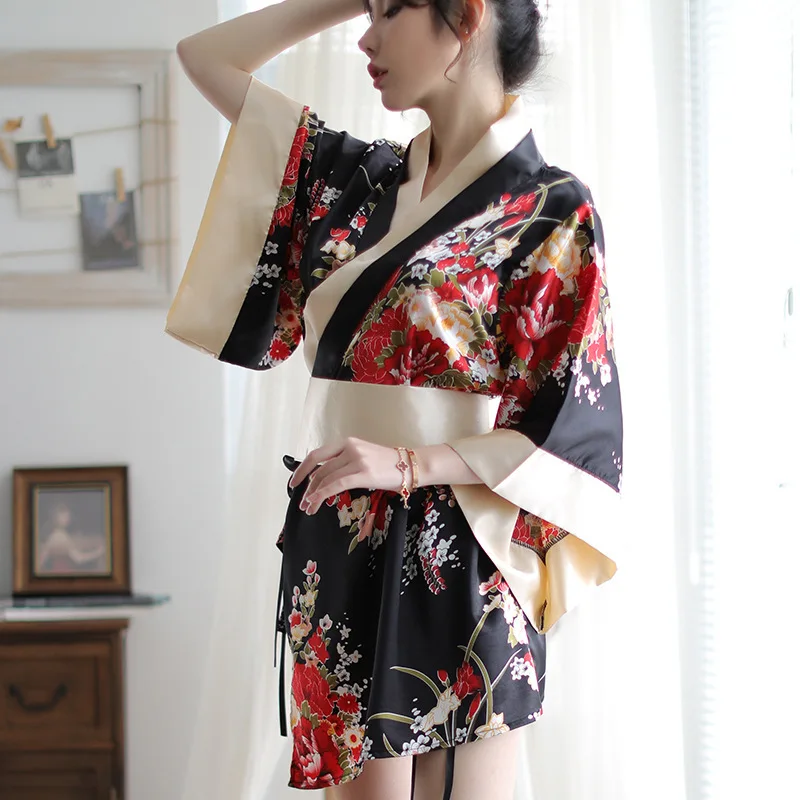 

Kimono Bathrobe Silk Lingerie Printed Floral Bridesmaid Robes Sexy V-neck Satin Sleepwear Nightie Mini Nightgown Nighties