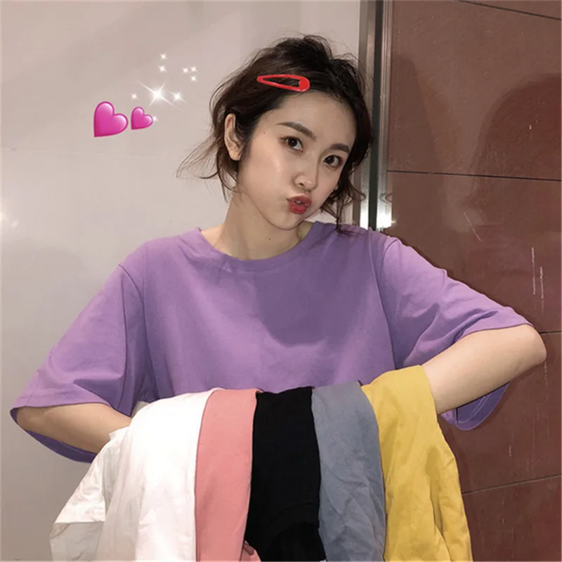 Женская футболка с коротким рукавом из хлопка цвета: черный белый фиолетовый