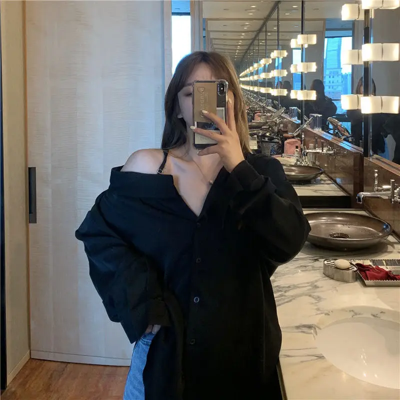 

Deeptown Black Shirt Women Long Sleeve Top with Open Shoulders Korean Style 2021 Fashion Designer Elegant Vintage Sexy BF Chic
