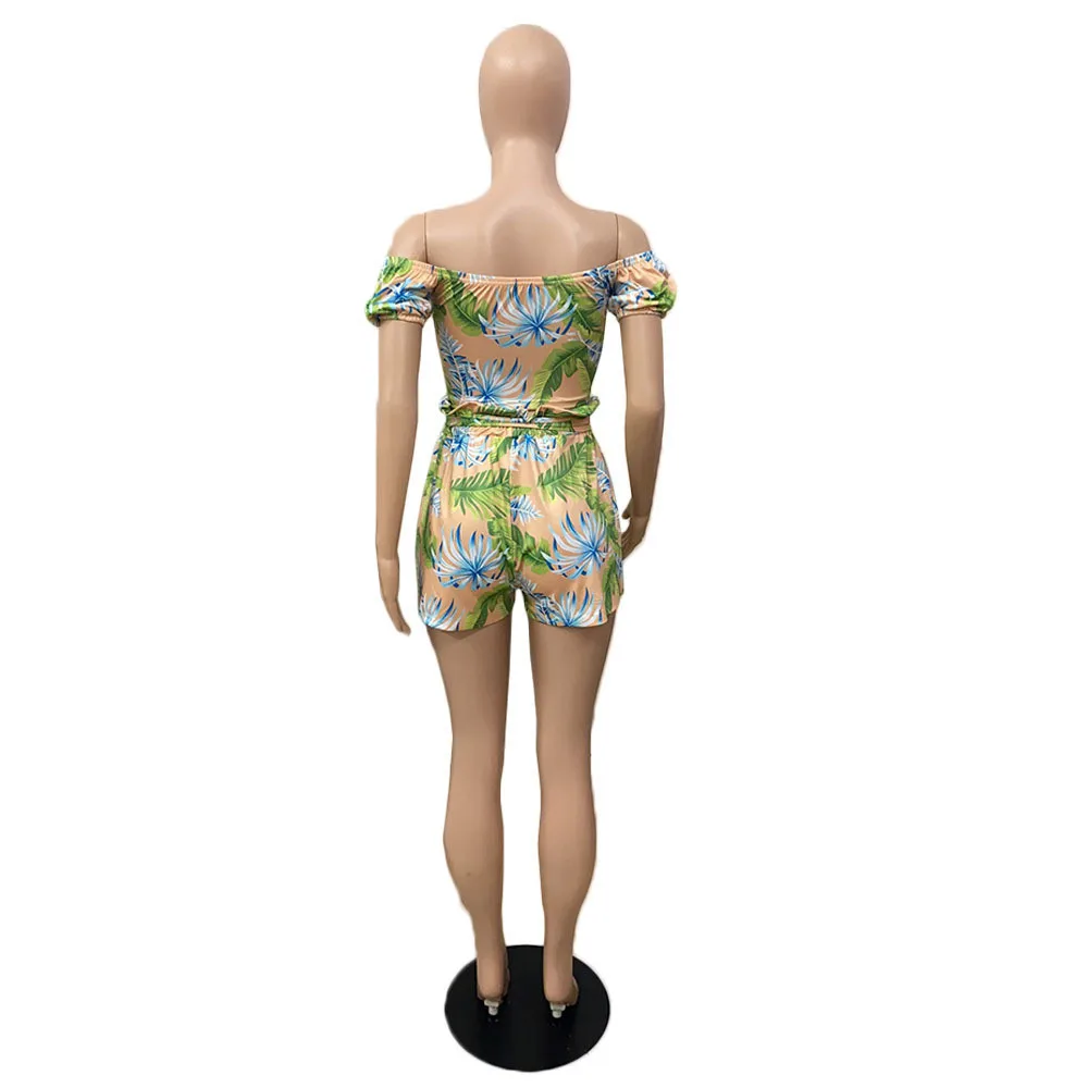 

Off The Shoulder Floral Print Bandage Crop Tops and Ruffles Hight Waist Sashes Beach Short for Women Beachwear Two Piece Outfit
