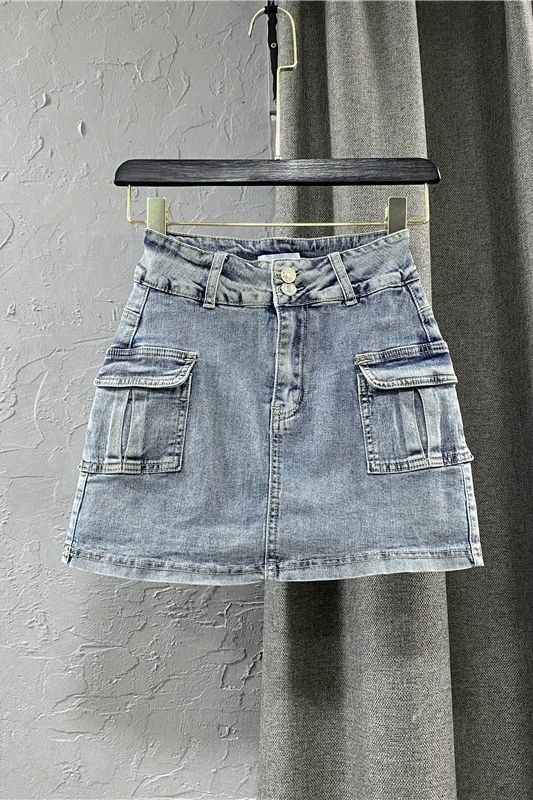 

2021 Summer Fashion High Waist Two Button Skirt Women's Double Pocket Workwear Jean Skirt Female Sheath A Line Denim Skirt