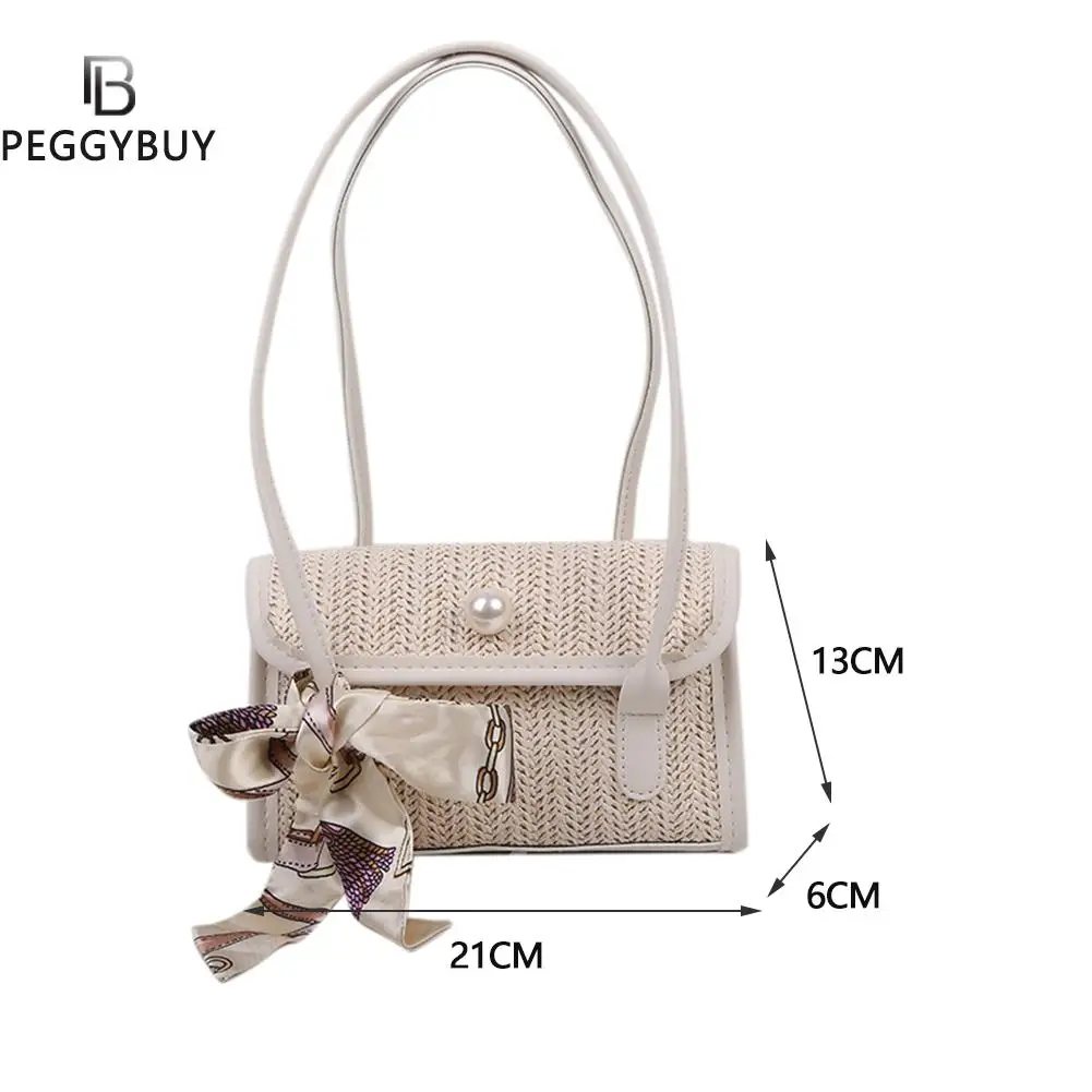 

Retro Women Straw Woven Silk Scarf Shoulder Underarm Bag Casual Ladies Pearl Solid Color Top-handle Small Handbags Flap Purse