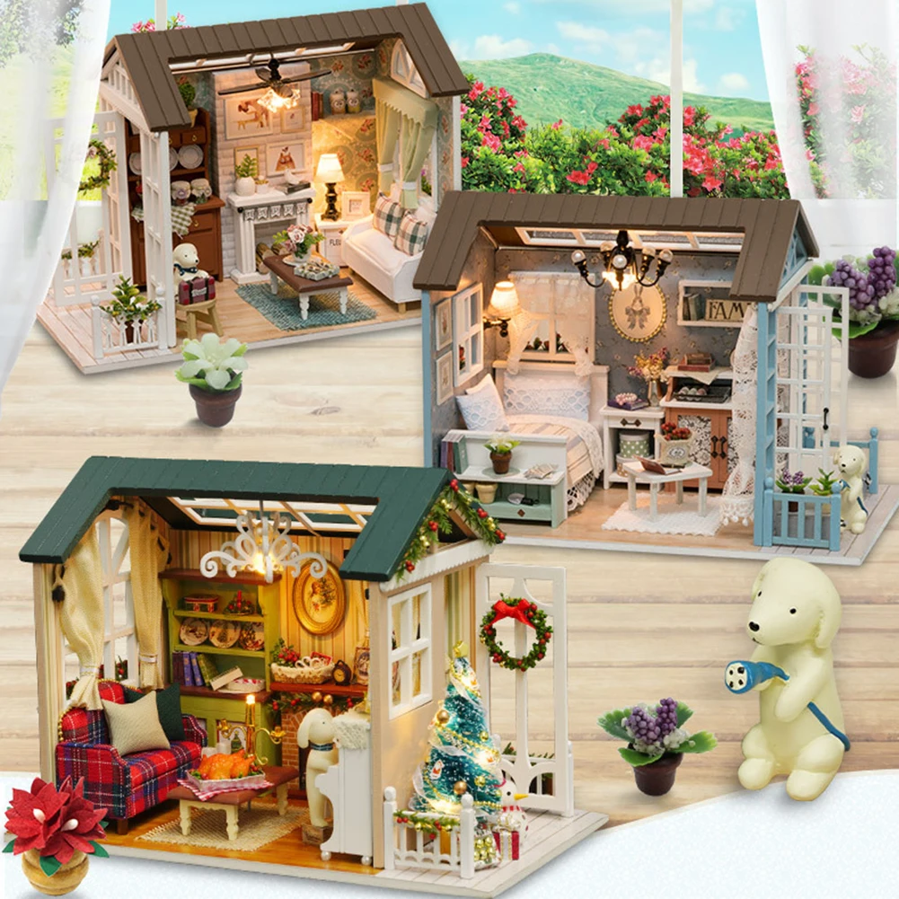 

DIY Hut Holiday Doll House Toys Kit Handmade Manual Assembling Model Furniture 3D Wooden Miniature Dollhouse Toys for Birthday P