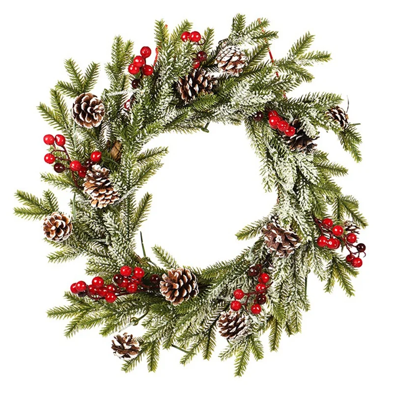 

New 20 inch Christmas Door Wreath - Unique White Pinecone Red Fruit Frosted Flocking Pendant Decor for Front Door, Window