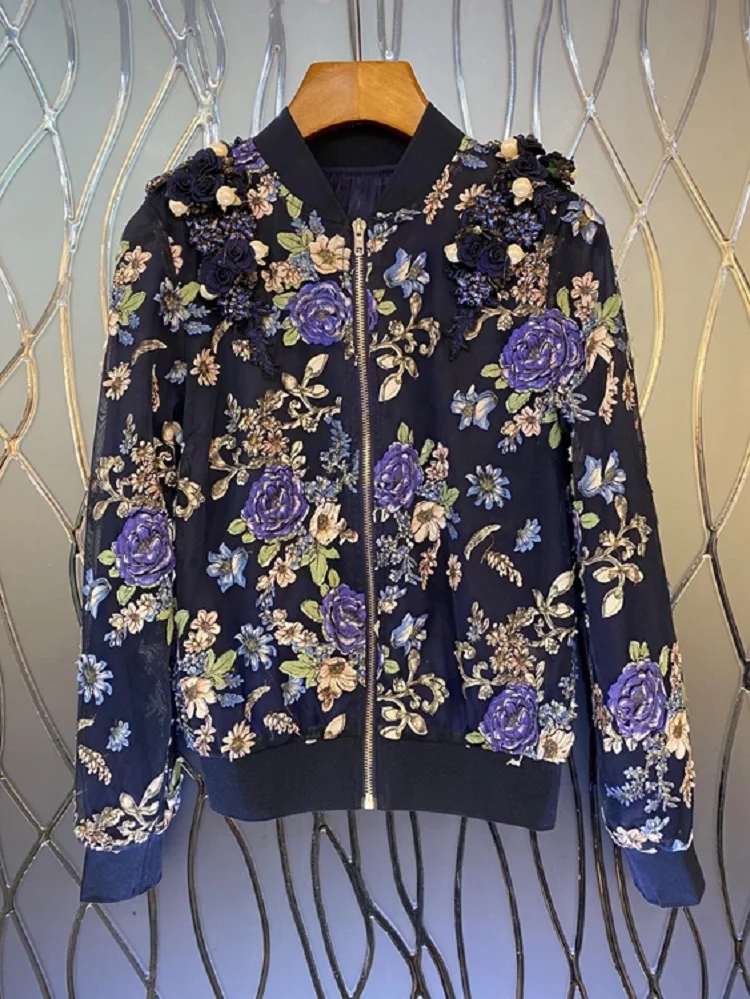 

Куртка-бомбер женская осенняя, с цветочной вышивкой и длинным рукавом, 2021