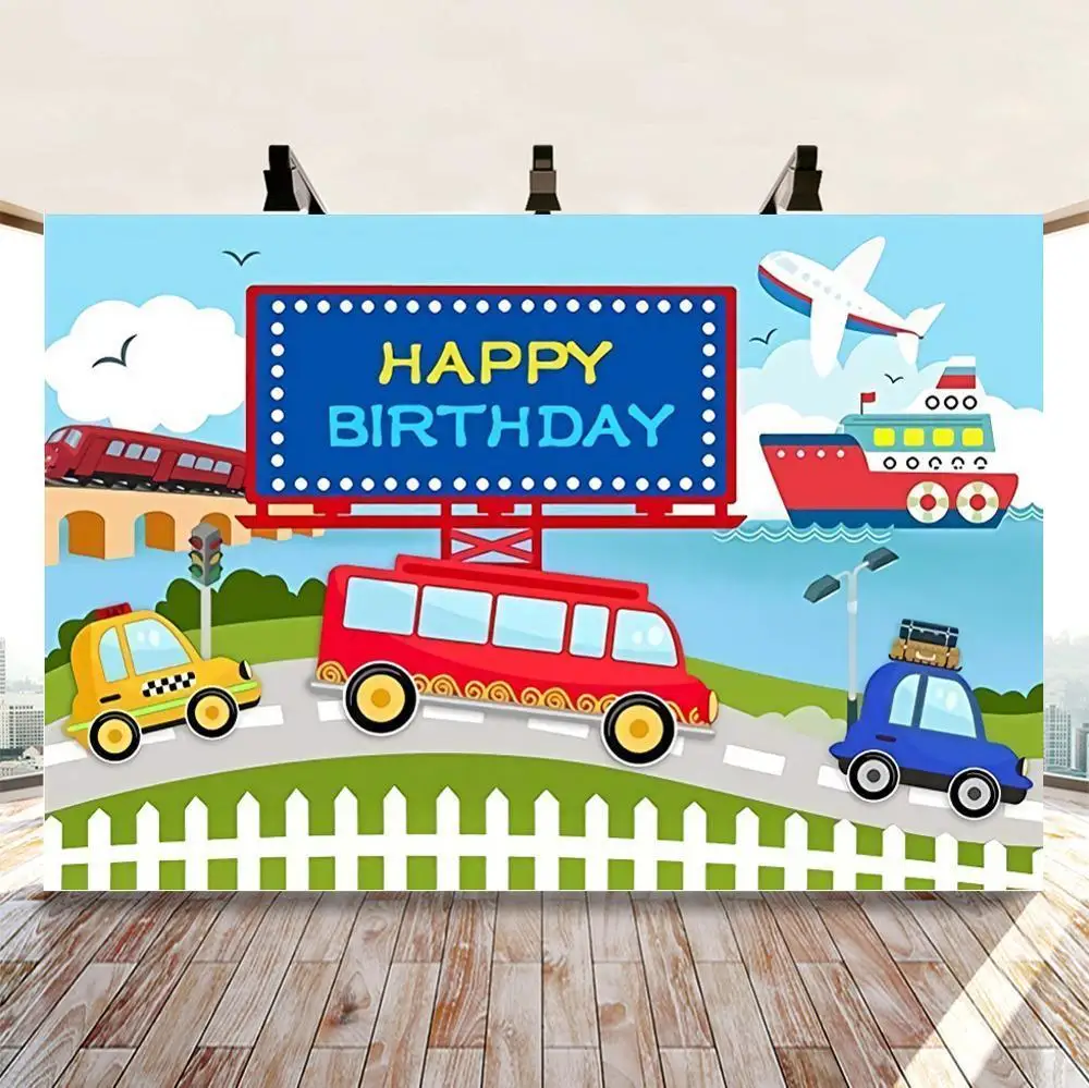 

Cartoon Cars Bus Photo Backdrop Ship Sky Birthday Party Plane Train Boys Decor Photography Backgrounds Kids Banner Vinyl