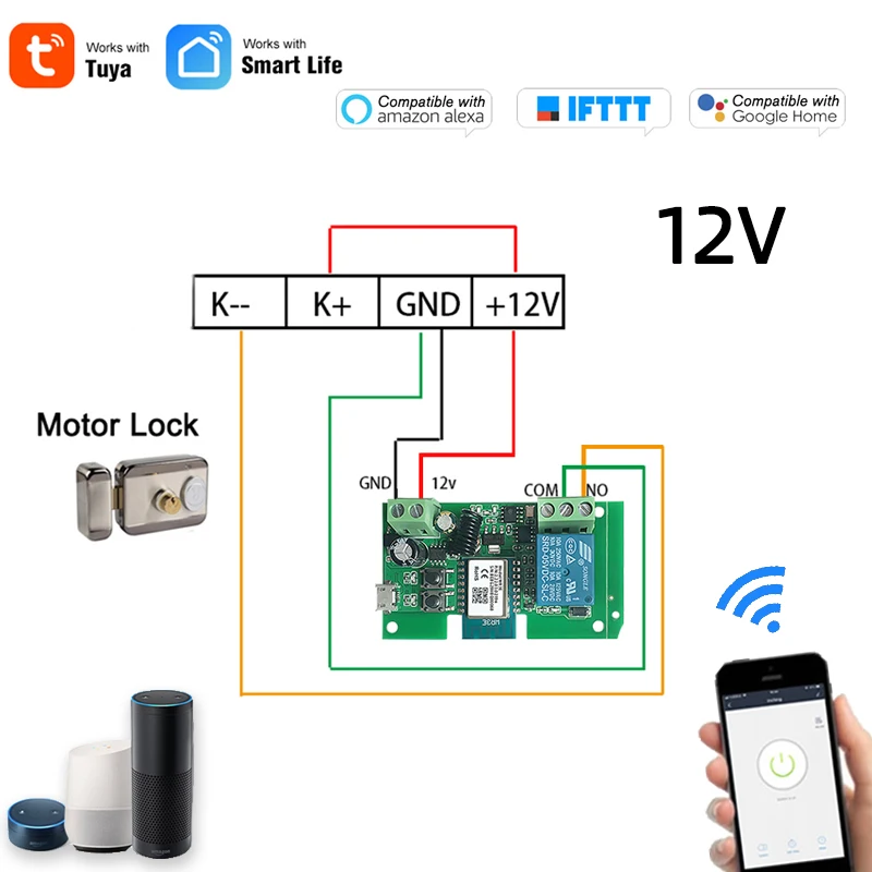Tuya Smart WIFI 1CH 2CH Gate Electric Door Access Motor Lock Switch, DC 12V 24V 32V, 1 2-канальный импульсный релейный модуль, RF433 Remote